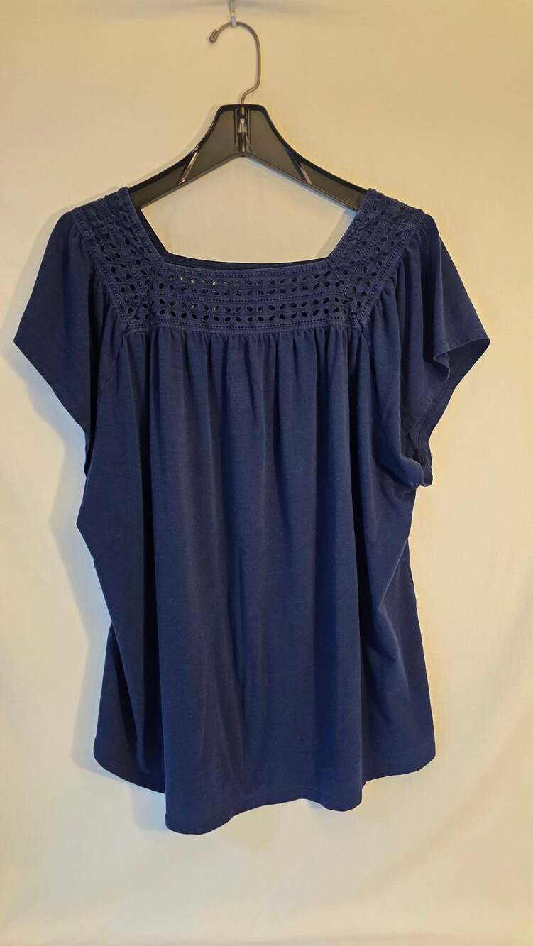 St. John's Bay Dark Blue Eyelet Square Neck Short Sleeve Top 2X